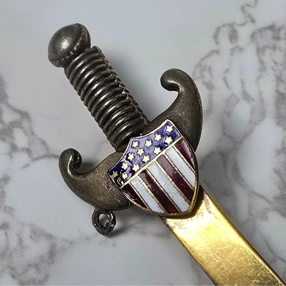 Vintage Scimitar Sword Brooch American Flag Shield Gold Silver Tone Pin 4 Inch